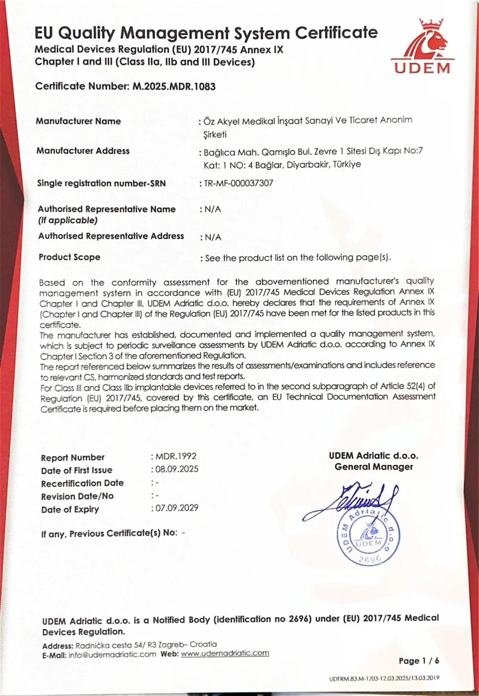 EU Quality Management System Cerrificate